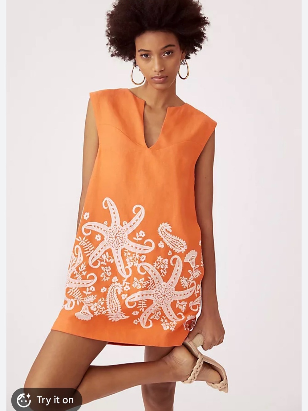 Anthropologie Maeve Orange Embroidered Tunic Dress Starfish Floral Size 8 Linen